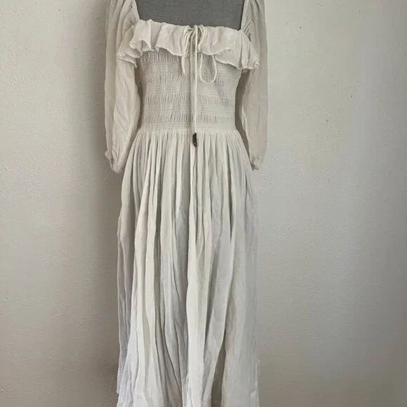 Free People White Oasis Smocked Cotton Midi Dress Boho Cottagecore - Picture 3 of 7
